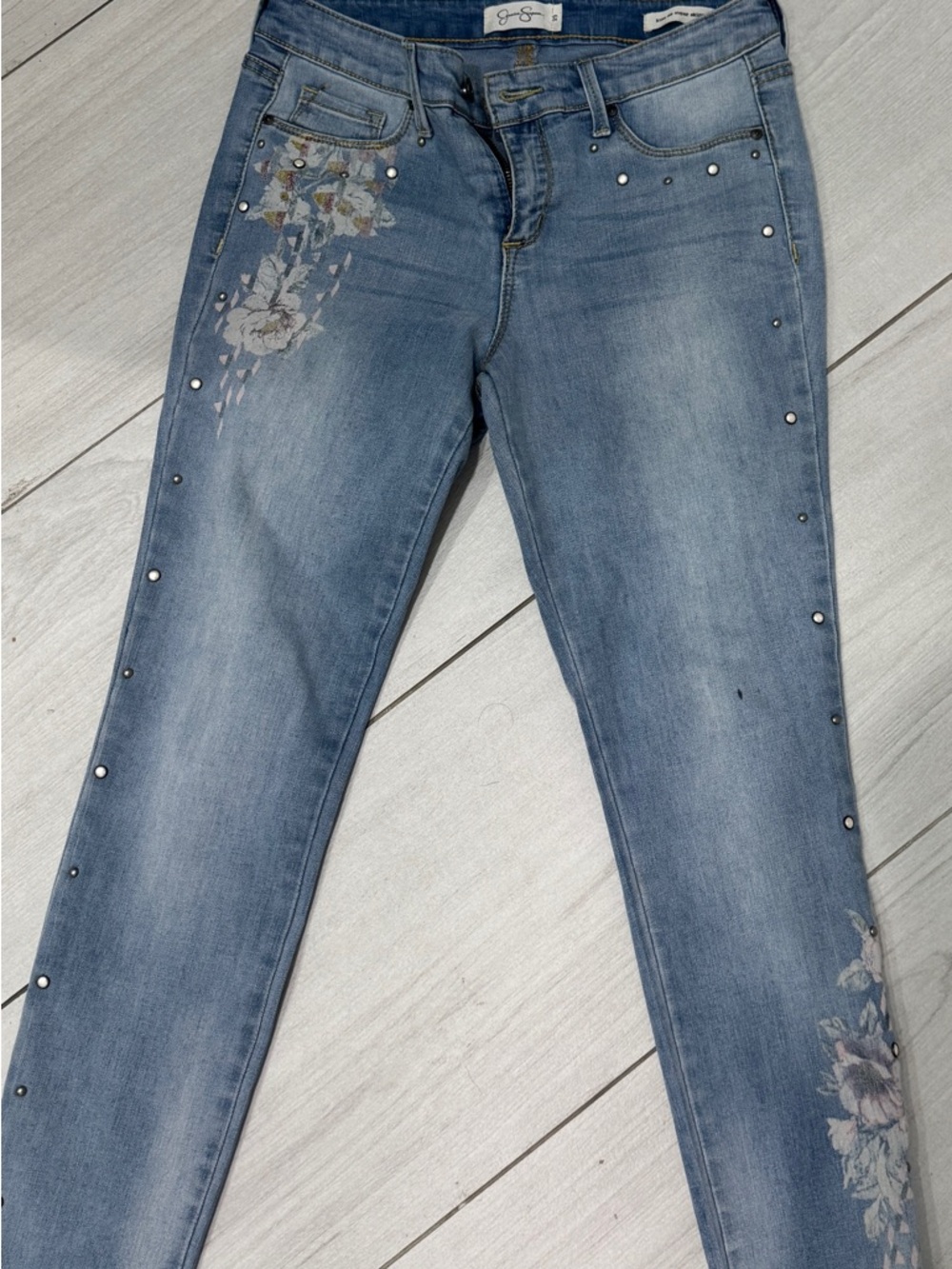 Jessica Simpson Light Blue Floral Studded Skinny Jeans